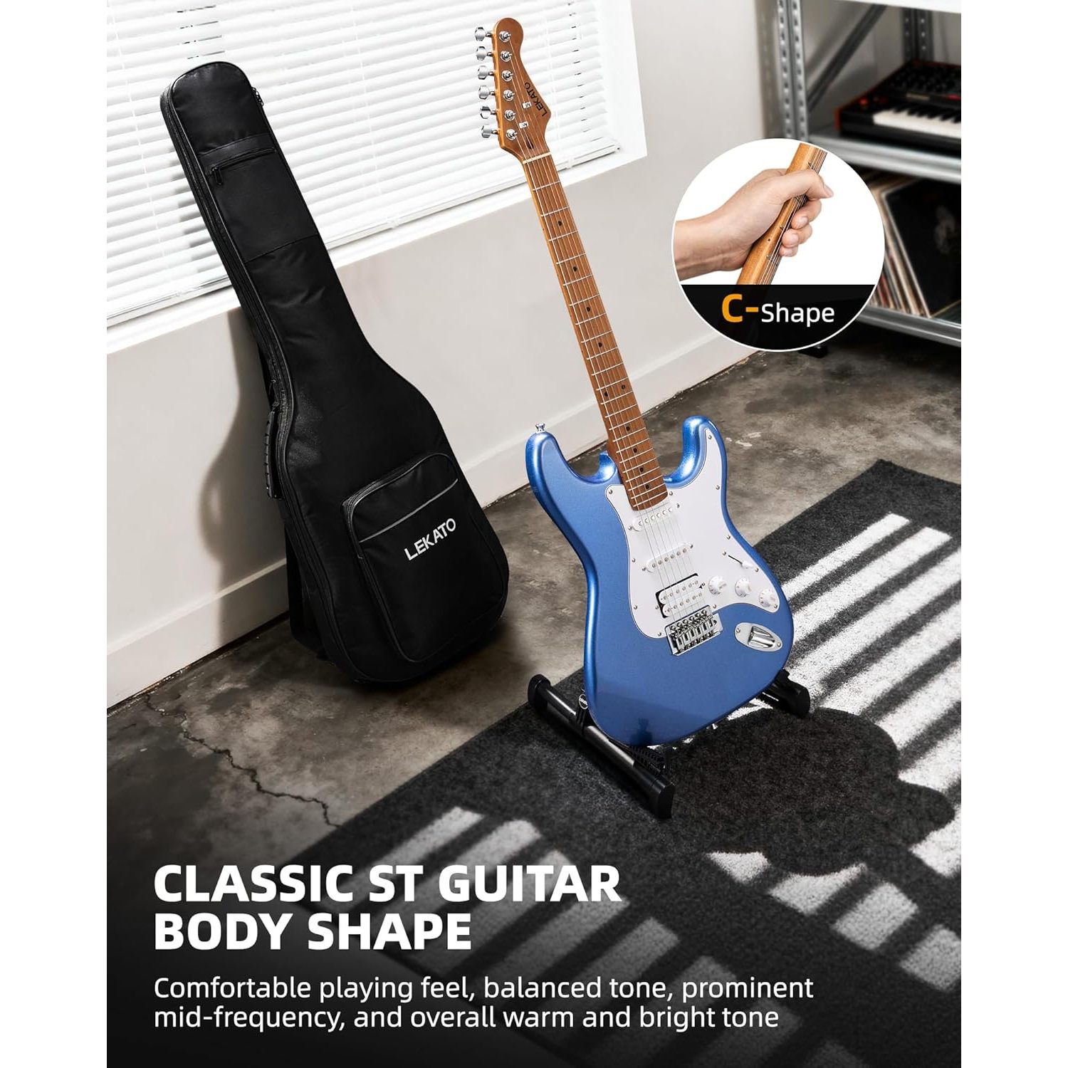LEKATO 39-Inch Full Size Beginner Electric Guitar Kit with HSS Solid Body 5W Mini Amp Bag-Acoustic Headstock