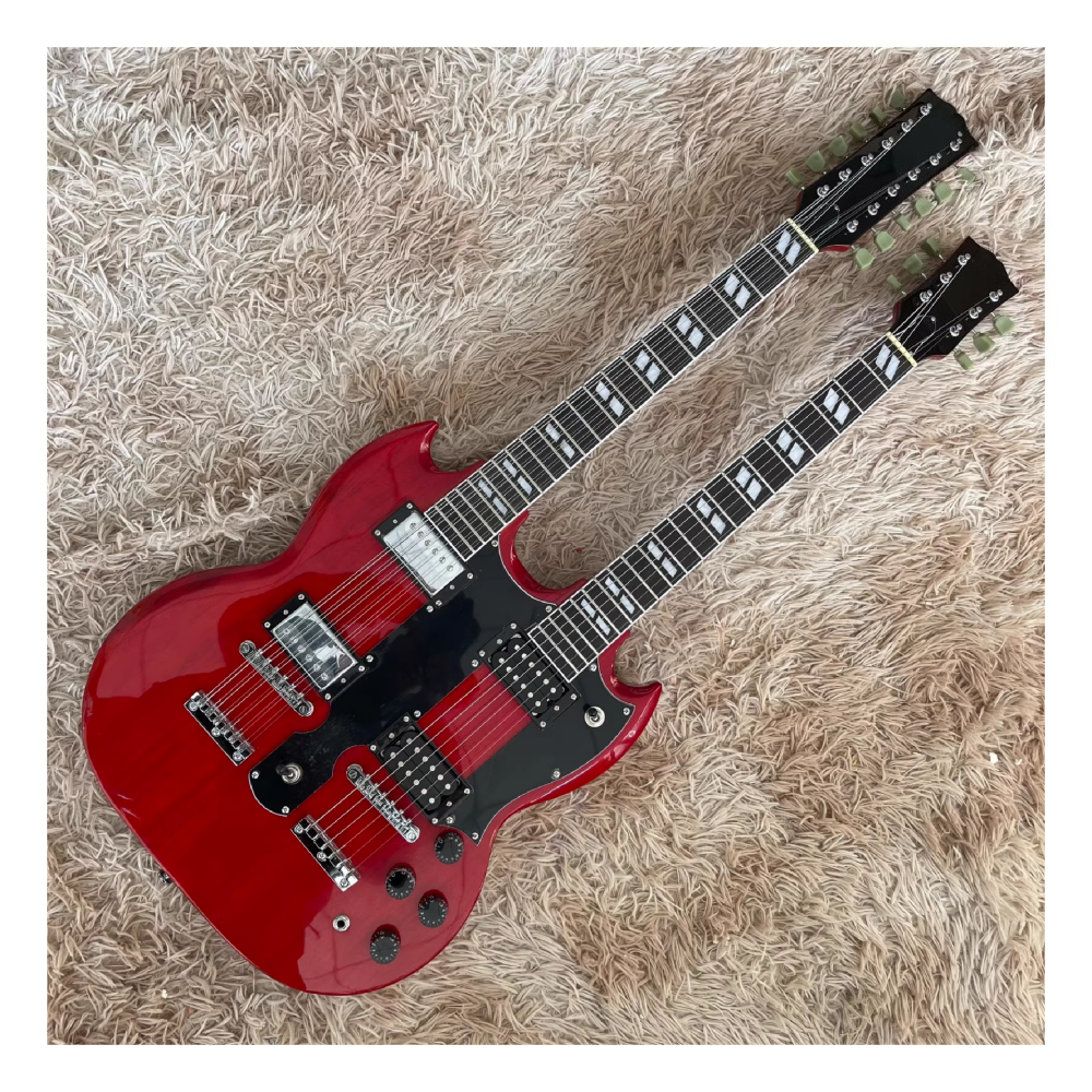 JELO Classic Series Dual-Neck Electric Guitar 6+12 Strings Red Color with Vintage-style Knobs Mahogany Neck Body Shell Logo