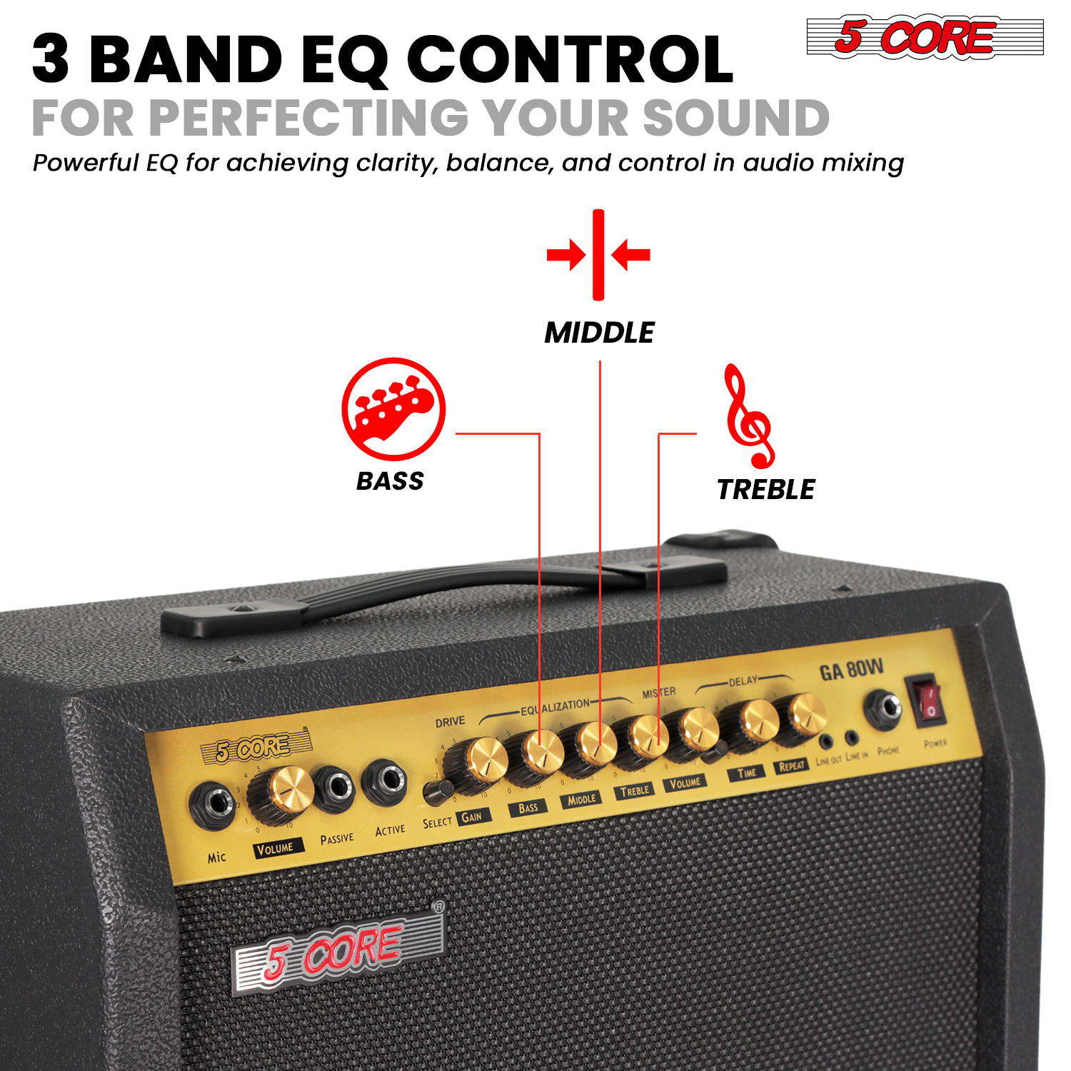 5 Core Guitar Amplifier 80 Watt Electric Amp with Built-in 10" Speaker Portable Mini Practice Amp Floor Standing