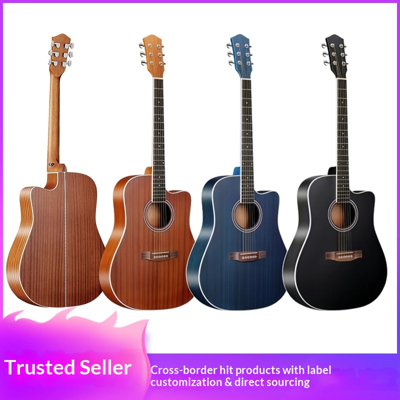 41-inch Folk Acoustic Guitar Solid Rosewood Fretboard Matte Finish Cutaway Closed Knob Tuning Pegs Bundle Direct Manufacturer