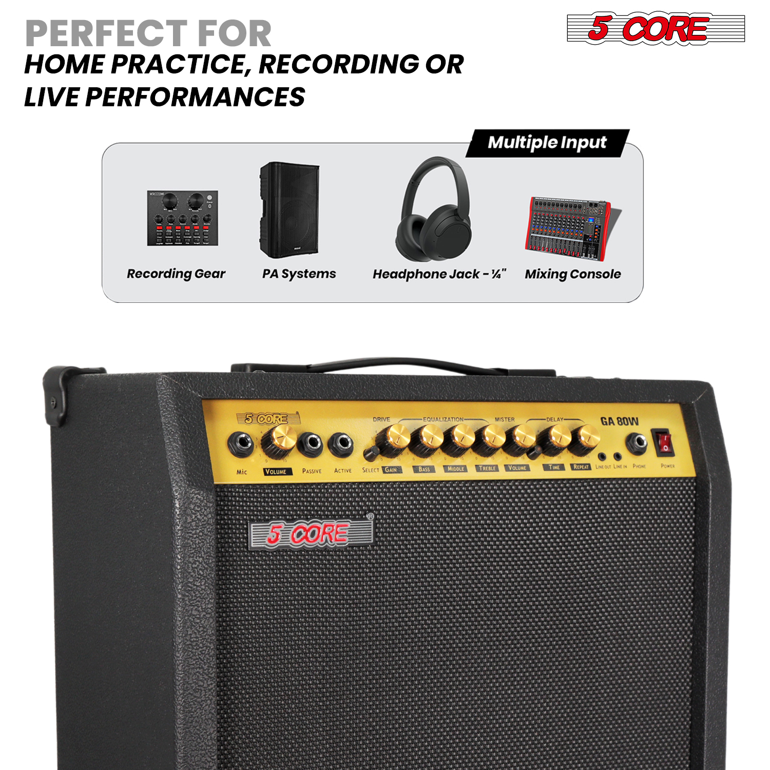 5 Core Guitar Amplifier 80 Watt Electric Amp with Built-in 10" Speaker Portable Mini Practice Amp Floor Standing