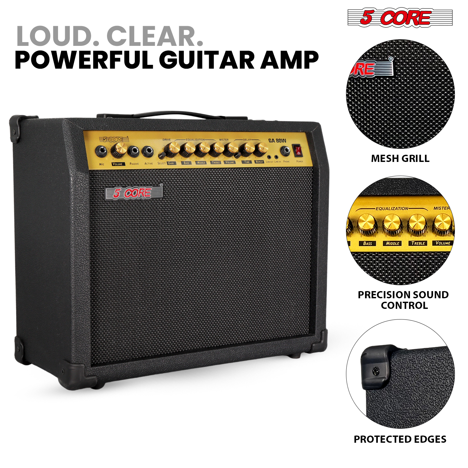 5 Core Guitar Amplifier 80 Watt Electric Amp with Built-in 10" Speaker Portable Mini Practice Amp Floor Standing