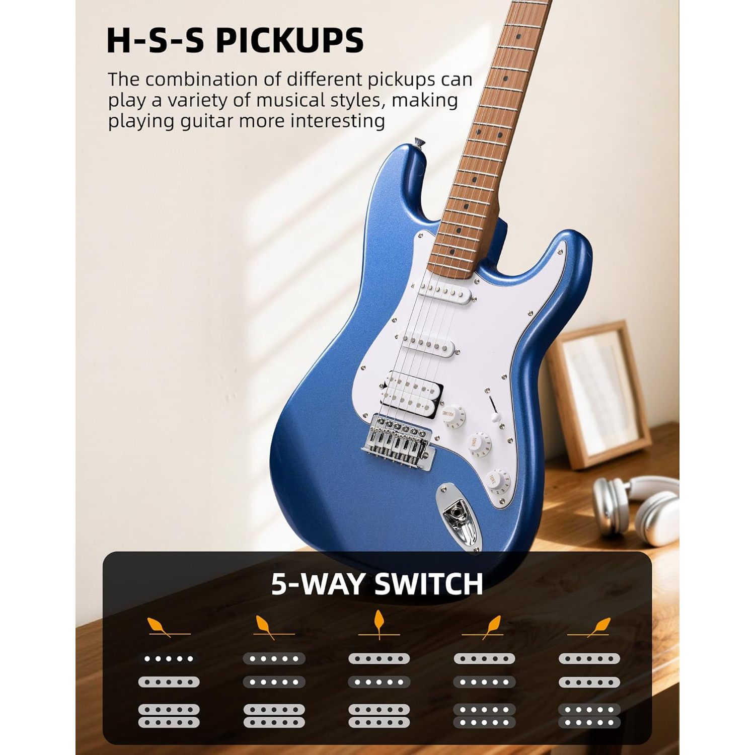LEKATO 39-Inch Full Size Beginner Electric Guitar Kit with HSS Solid Body 5W Mini Amp Bag-Acoustic Headstock