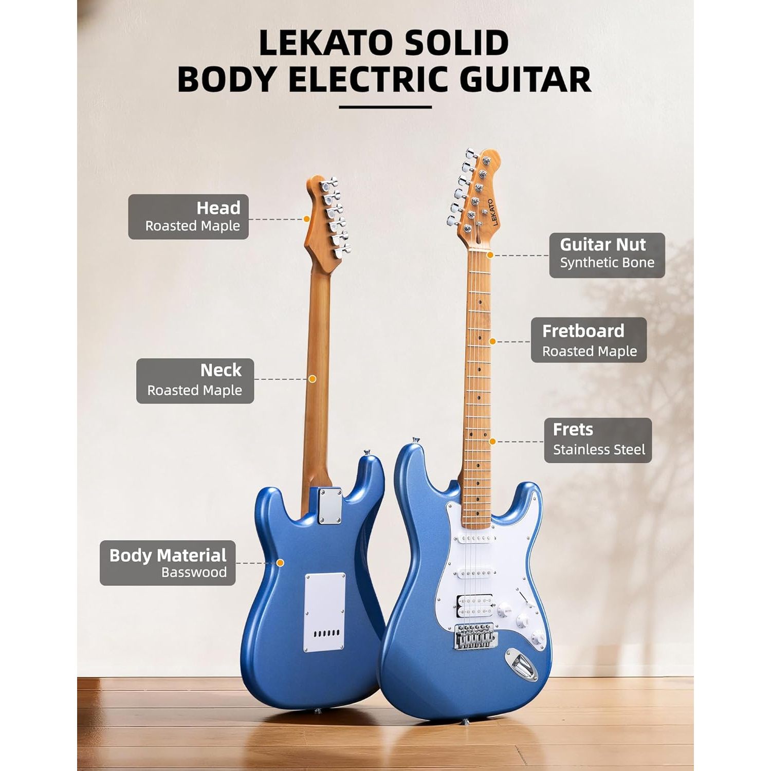 LEKATO 39-Inch Full Size Beginner Electric Guitar Kit with HSS Solid Body 5W Mini Amp Bag-Acoustic Headstock
