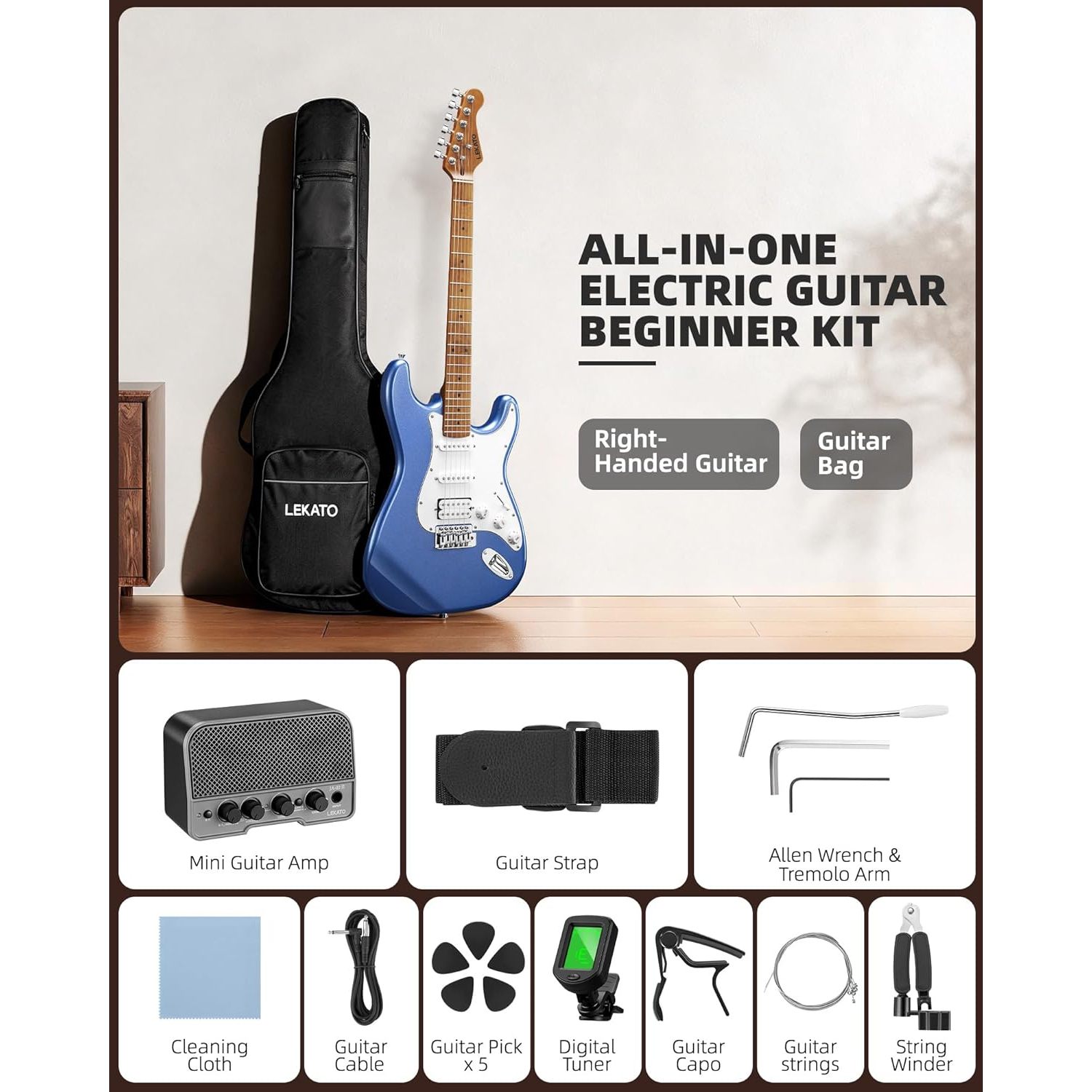LEKATO 39-Inch Full Size Beginner Electric Guitar Kit with HSS Solid Body 5W Mini Amp Bag-Acoustic Headstock