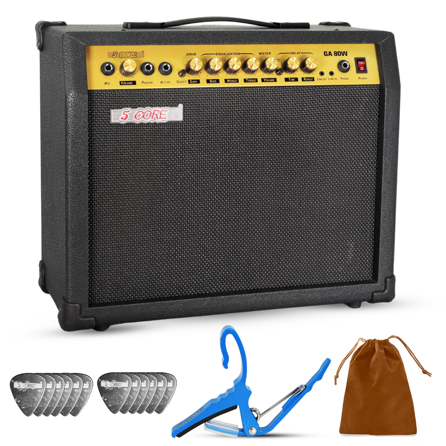 5 Core Guitar Amplifier 80 Watt Electric Amp with Built-in 10" Speaker Portable Mini Practice Amp Floor Standing