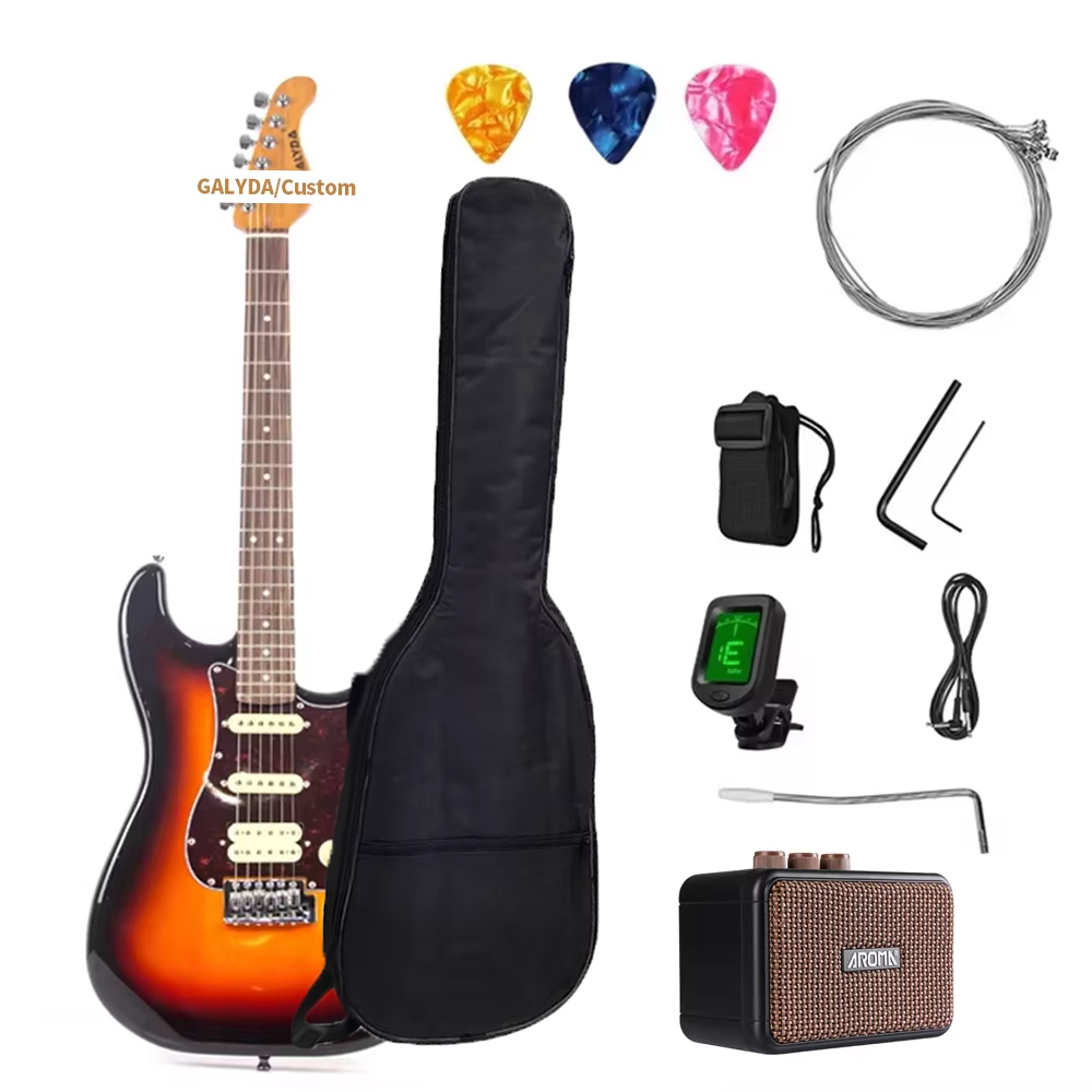 China Factory Wholesale Electric Guitar Set ST Style HSS Pickup Roasted Maple Neck Gloss Finish Custom Logo Low MOQ Kit